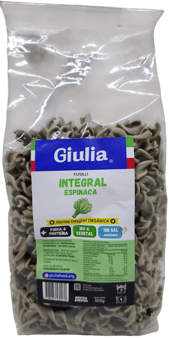 Fideos Fusilli Integral Espinaca